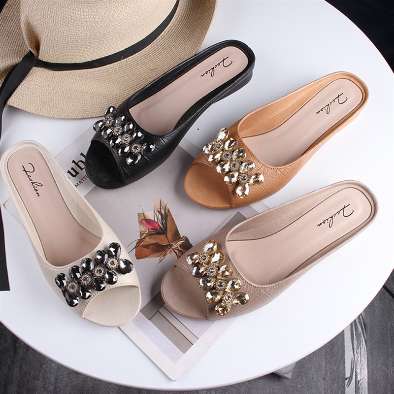 极速时尚新款女士平底半拖鞋居家休闲水钻外穿日常X无後跟凉拖鞋