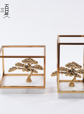新品新中式黄铜迎客松摆件金属z大理石工艺品样板间别墅书房摆设