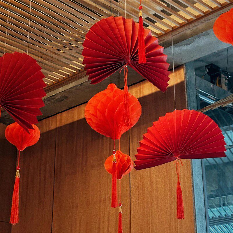 新品2026新年装饰纸p扇花蜂窝灯笼氛围马年场景布置挂件店铺幼儿