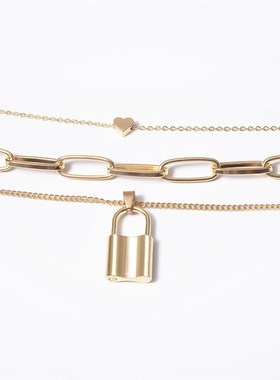 极速Hip Hop Muilti Layers chain necklace with heart lock wom