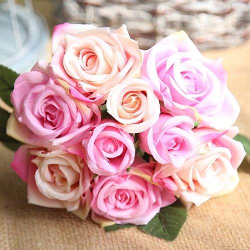 极速Pink Silk Rose Artificial Flowers Bouquet 9 Big HYead Ho