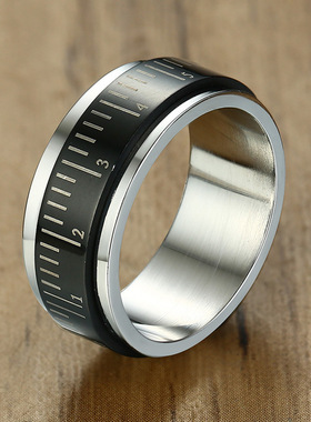 极速钛钢直尺可转动戒指 简约潮男个性饰品男士刻度尺Y黑色指环精
