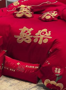 极速20c23新款简约大气婚庆刺绣四件套大红色全棉六件套南通叠石