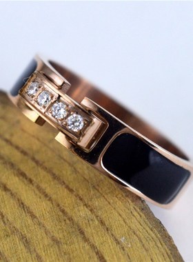 极速外贸新款钛钢玫瑰金镶钻戒指时尚简约黑色N微镶大气指环饰品S