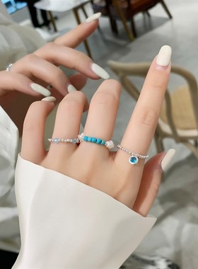 极速春夏新款蓝色水晶串珠戒指巴洛克淡水L珍珠弹力戒指食指戒百