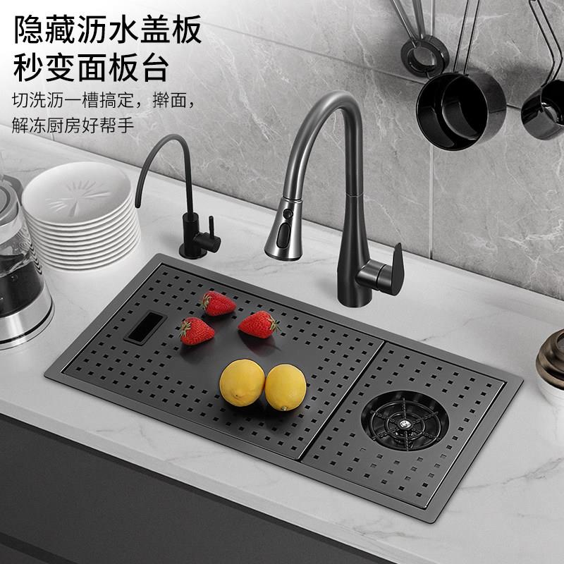 隐藏吧台水槽厨房隐形手工单水w槽日式带盖子中岛小号水盆不锈钢