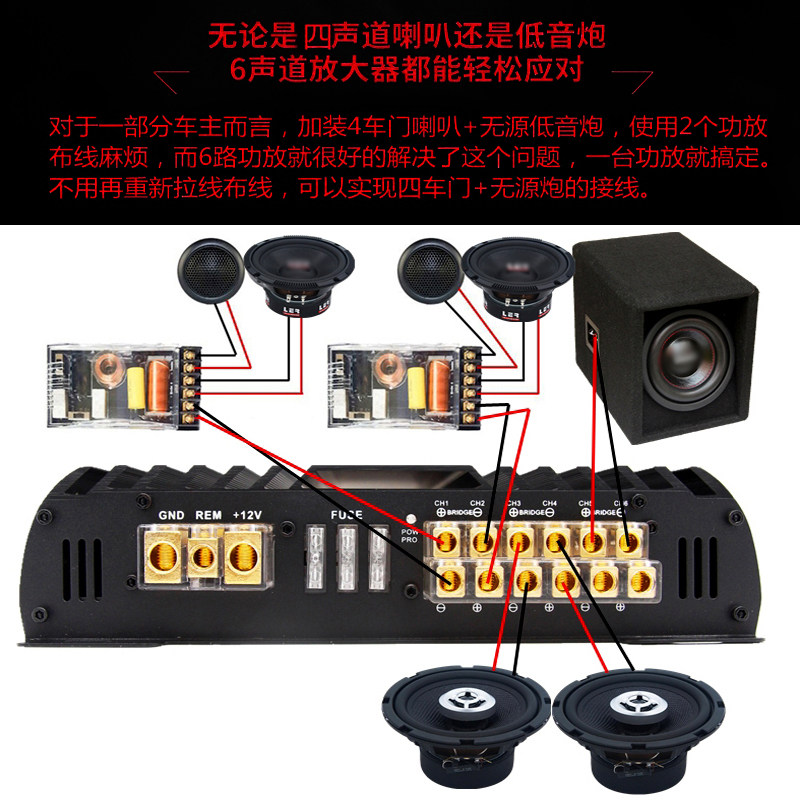 极速6路汽车功放六声道车载放大器5.1路功K放可带低音炮中音3分频
