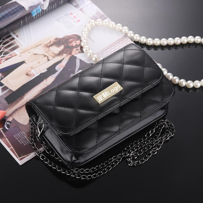 极速导购腰包单肩斜m挎珠宝员时尚链条手机包横款黑色皮料商务工