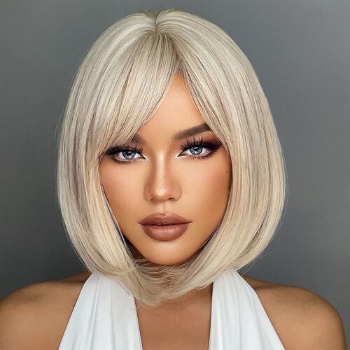 极速White Blonde Gray Sytnthetic Wigs with Bangs Short Strai