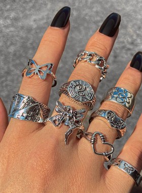 极速Hiphop Vhintage Rings Set for Women Men Aesthatic Retro