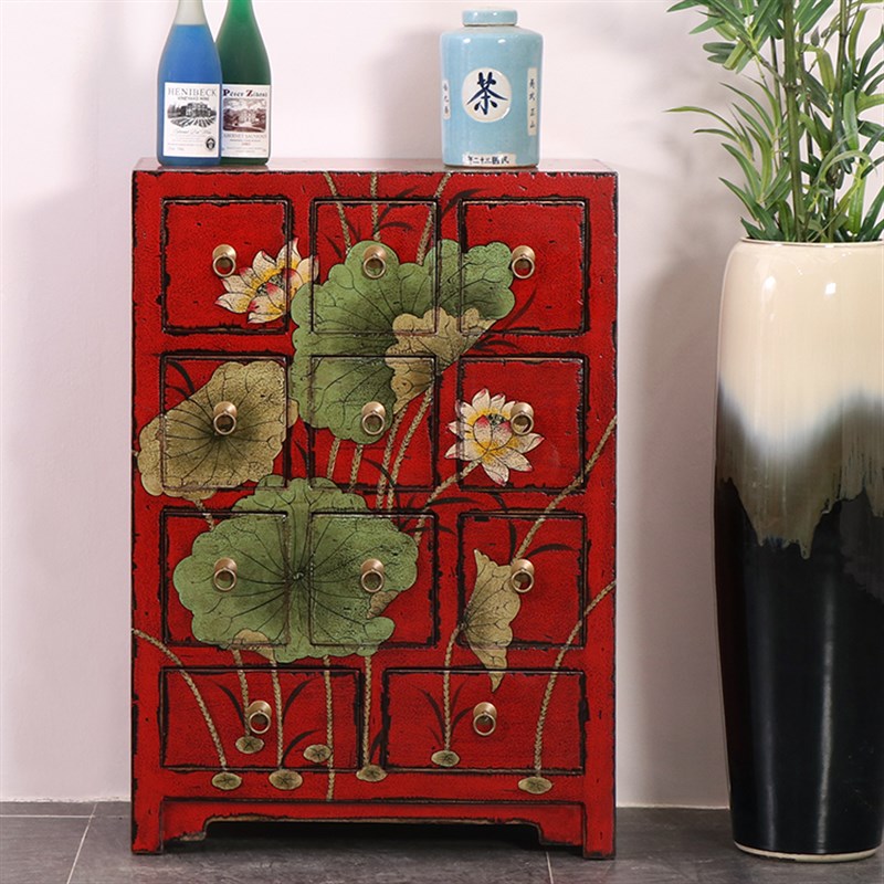 极速新中式复古斗柜做旧抽屉柜实木玄关隔断餐边柜彩X绘客厅储物