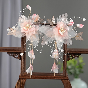 极速汉服头饰女款儿童配饰新款女童古装步摇粉色T簪花蝴蝶发夹古