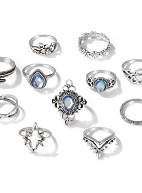 极速rings women 11pcs set 雕花镶钻星空宝石树叶V复古关节戒指1