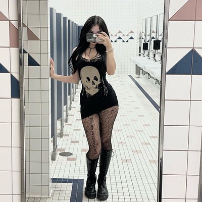 万圣节服装亚比风包臀裙连衣裙亚文E化性感黑色吊带裙哥特辣妹裙