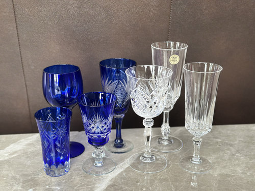 日本欧洲中古孤品 切割水晶杯色破江户手工切子香槟葡萄酒高脚杯