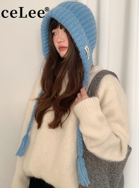 FaceLee日本设计师联名款蓝色护耳巴拉克拉法帽子女冬季秋冬天新