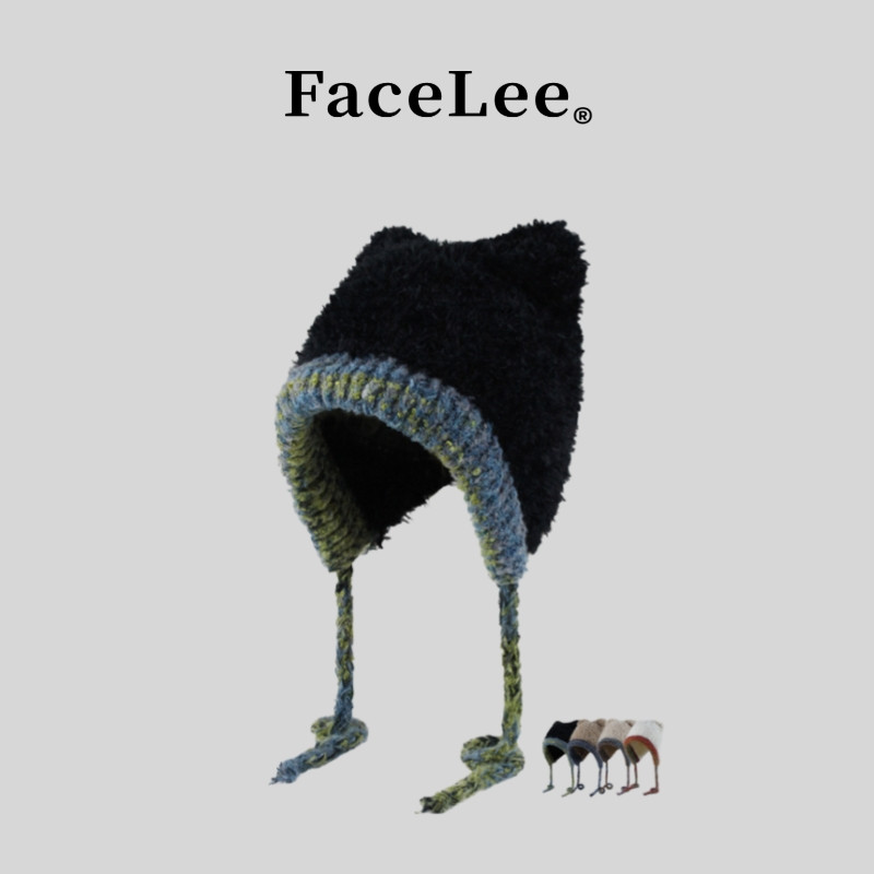 FaceLee日本设计师联名款可爱小耳朵显脸小毛绒绒帽子秋冬保暖防