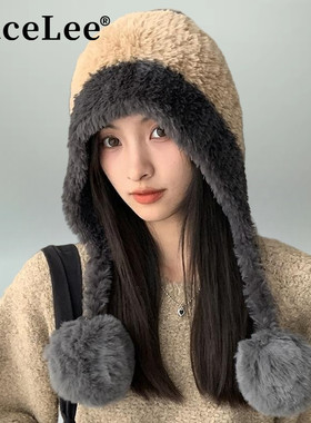 FaceLee日本设计师联名款冬季新款可爱毛球毛绒帽女款加绒护耳雷