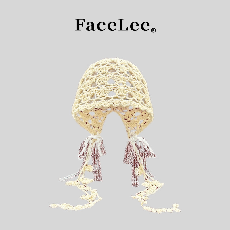 FaceLee日本设计师联名款甜美蕾丝蝴蝶结流苏针织帽子女秋季镂空