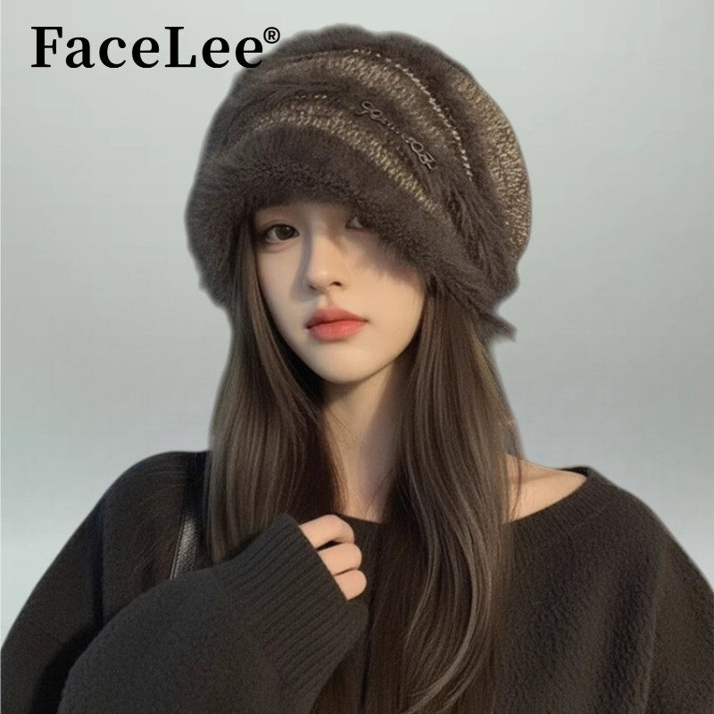 FaceLee日本设计师联名款美拉德复古毛绒堆堆帽女秋冬季显脸小保