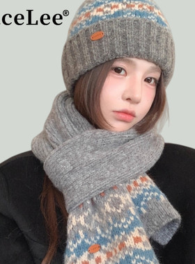 FaceLee日本设计师联名款复古灰色费尔岛针织毛线帽保暖围巾套装