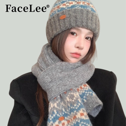 FaceLee日本设计师联名款复古灰色费尔岛针织毛线帽保暖围巾套装