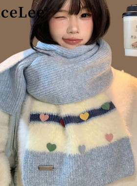 FaceLee日本设计师联名款奶呼呼~可爱蓝色针织毛绒围巾女冬季2025