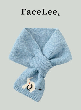 FaceLee日本设计师联名款可爱蓝色小象交叉针织围巾女秋冬季韩版