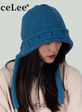 FaceLee日本设计师联名款川西旅游蓝色绑带针织包头帽女秋冬季出