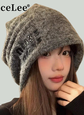 FaceLee日本设计师联名款含羊毛灰色针织堆堆帽女秋冬季大头围保