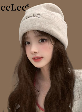 FaceLee日本设计师联名款字母刺绣蓝色毛线帽女2025年秋冬季韩系