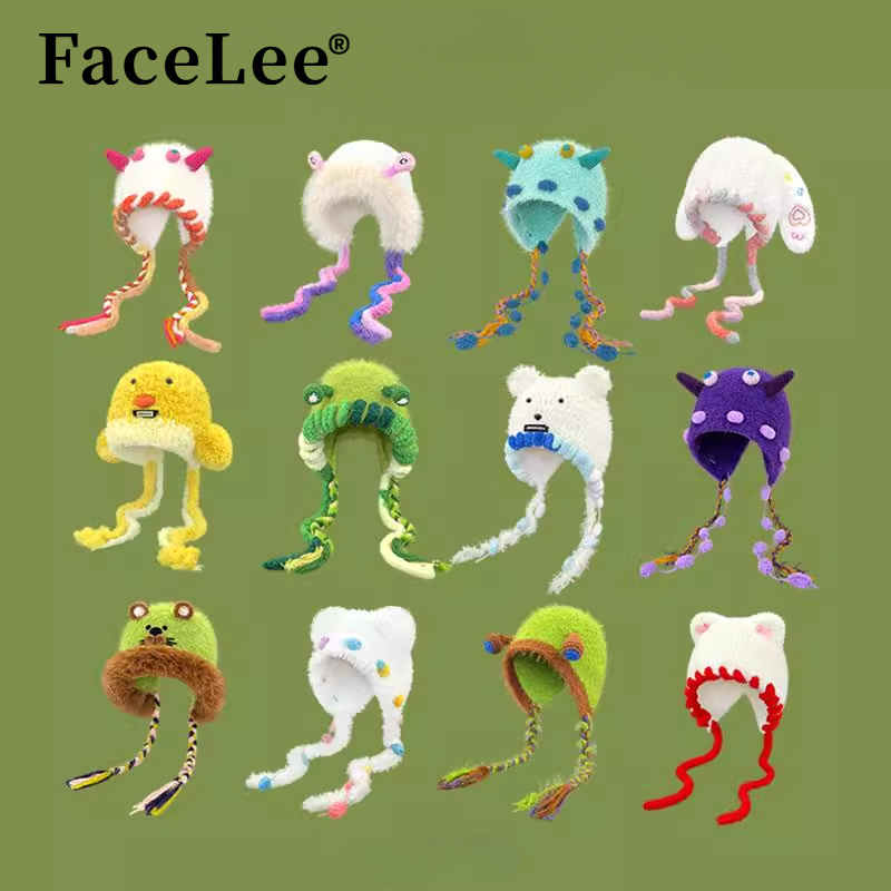 FaceLee日本设计师联名款搞怪可爱小怪兽毛绒针织帽子女秋冬季帽