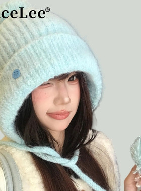 FaceLee日本设计师联名款蓝色毛球针织护耳帽女秋冬韩版百搭显脸