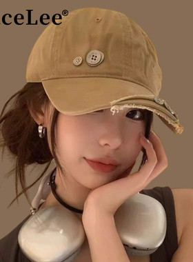 FaceLee日本设计师联名款纽扣破洞做旧棒球帽女大头围显脸小美式
