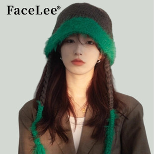 FaceLee日本设计师联名款韩国撞色手工粗毛线帽子女秋冬显脸小渔