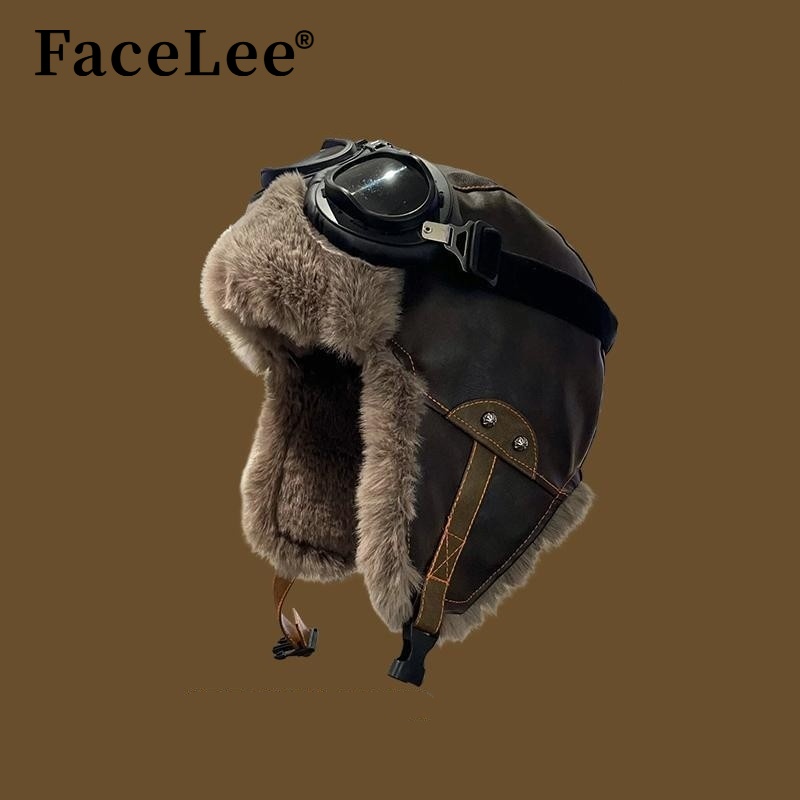 FaceLee日本设计师联名款飞行员帽复古男女冬季加绒PU皮保暖新款