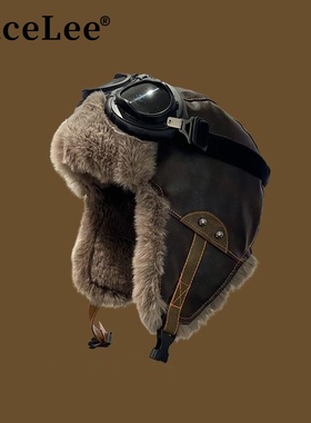 FaceLee日本设计师联名款飞行员帽复古男女冬季加绒PU皮保暖新款