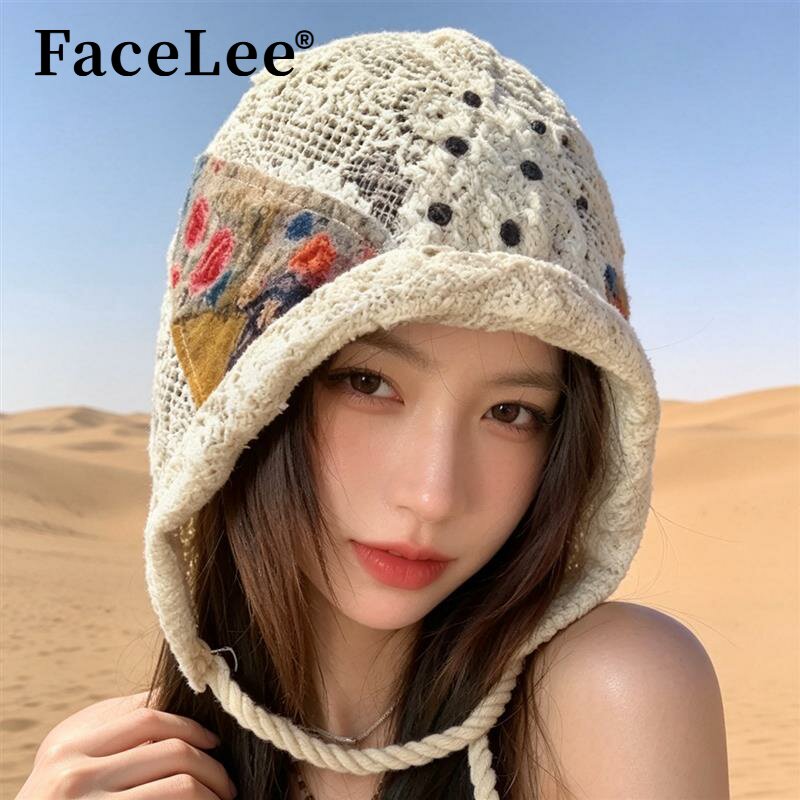 FaceLee日本设计师联名款复古风拼接贴布蕾丝绑带渔夫帽女民族风
