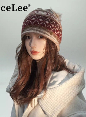 FaceLee日本设计师联名款羊毛混纺费尔岛风毛线帽女冬季提花貉子