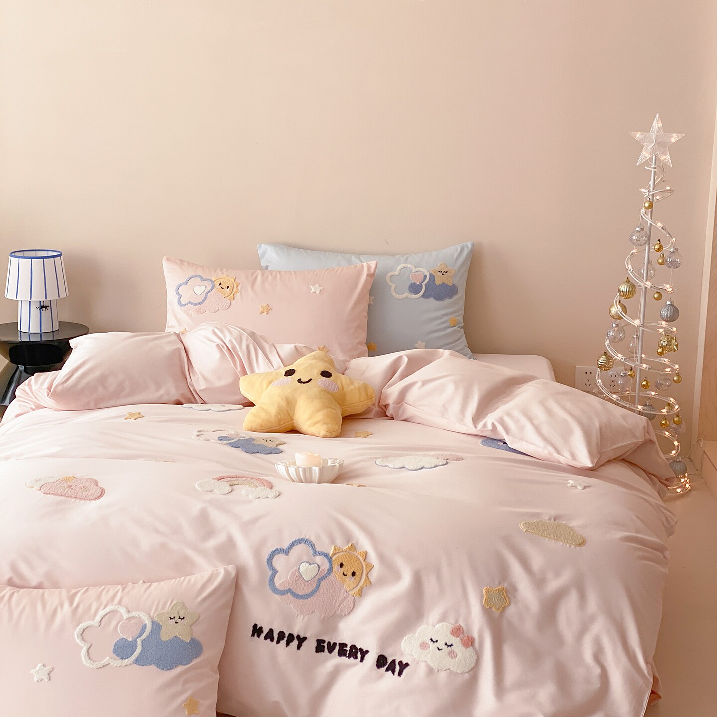 安懒懒 亲肤舒适全棉四件套毛巾绣卡通粉色奶油风床品套件100%棉