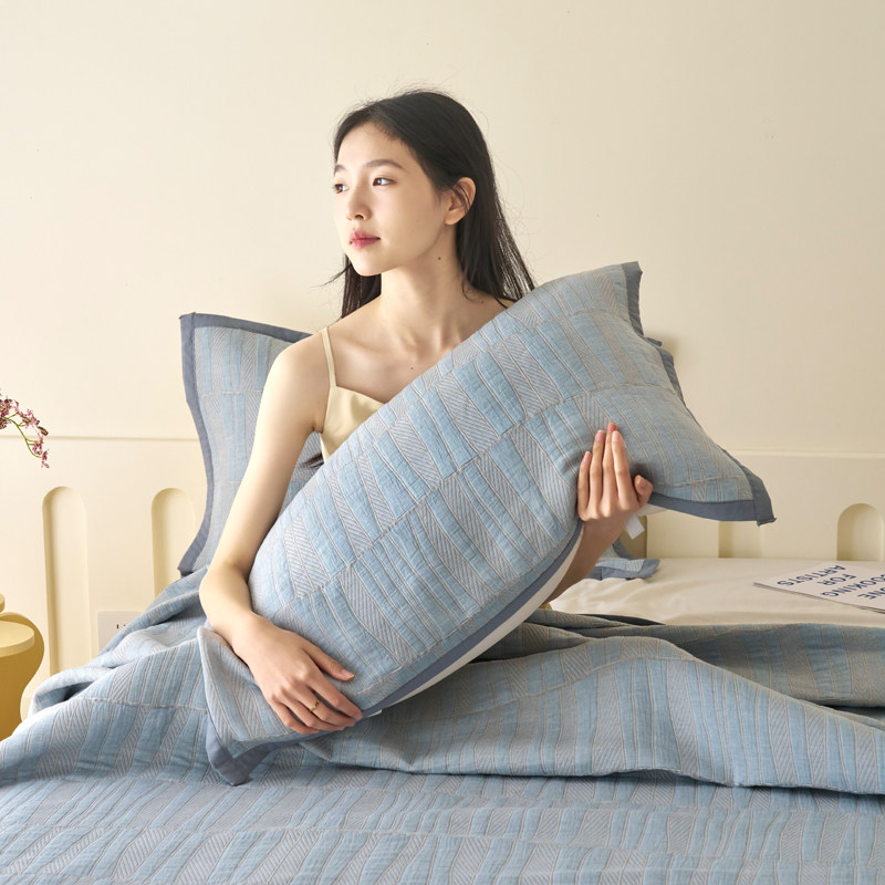 安懒懒 提花绑带枕巾棉纱布夹棉枕头巾一对装条纹棉单人枕55x80cm