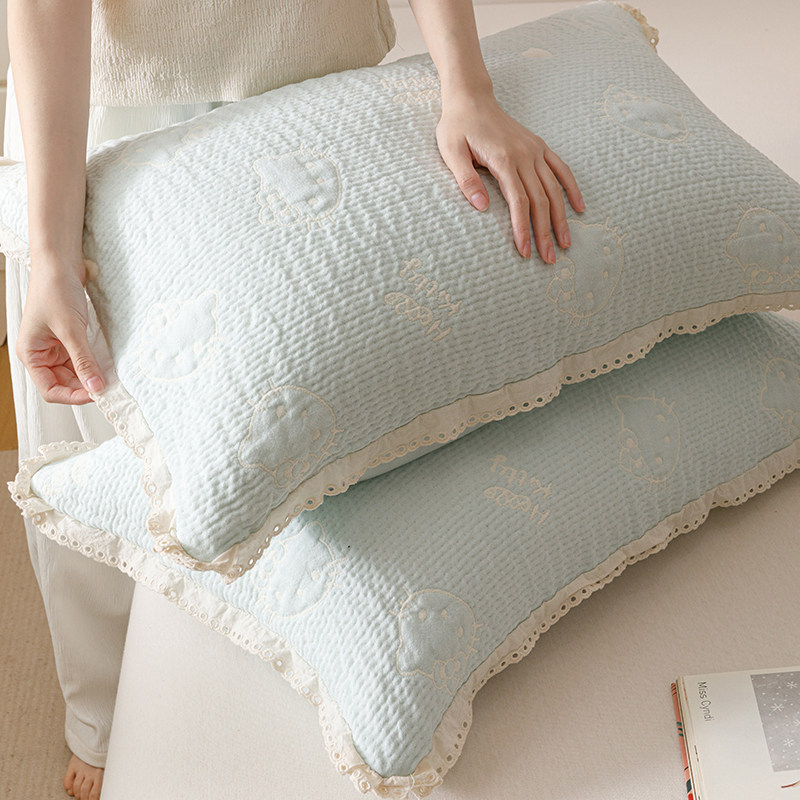 韩式全棉纱布色织提花枕套柔软可当枕巾纯棉枕头套一对装2025新款