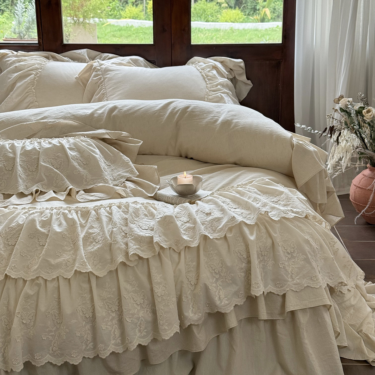 安懒懒棉麻立体蝴蝶四件套蝴蝶千颂荷叶花边公主风亲肤蕾丝床套件