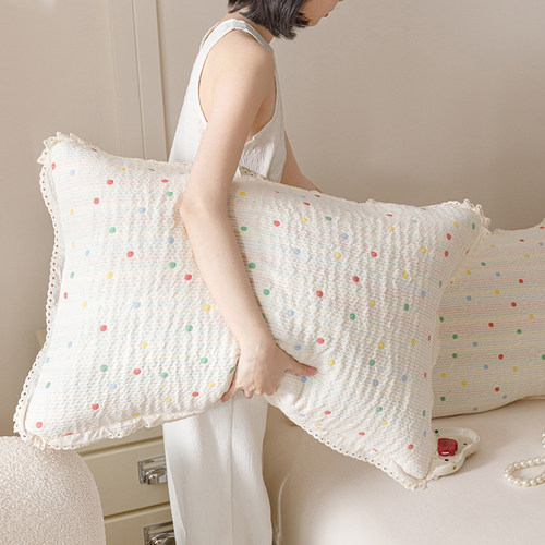 韩式全棉纱布色织提花枕套柔软可当枕巾纯棉枕头套一对装2025新款