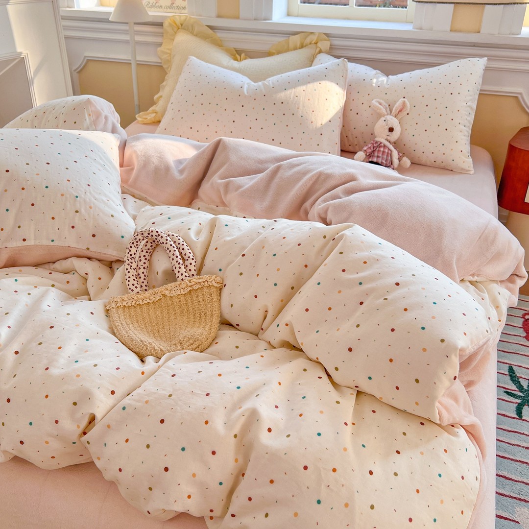 安懒懒 全棉双层纱+牛奶绒四件套AB版双面舒适简约现代活性印花粉,床上用品,床品套件/四件套/多件套,淘宝优惠券,粉丝福利购,淘宝优惠卷