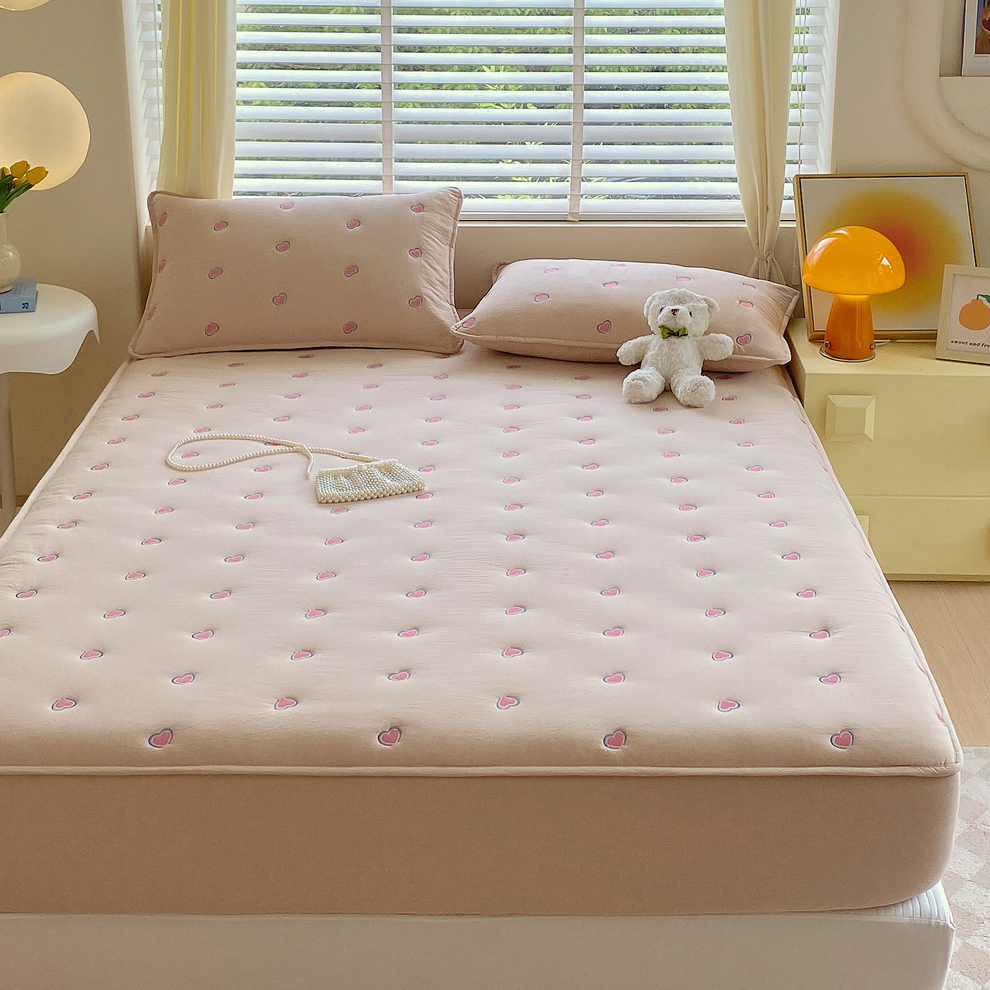 安懒懒 全棉纯棉色织夹棉床笠枕套三件套松紧带防滑亲肤家用爱心,床上用品,床笠,淘宝优惠券,粉丝福利购,淘宝优惠卷