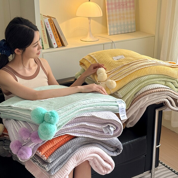 安懒懒 A类华夫格升级版毛球款四季毯盖毯毛毯毯子软糯舒适双面绒