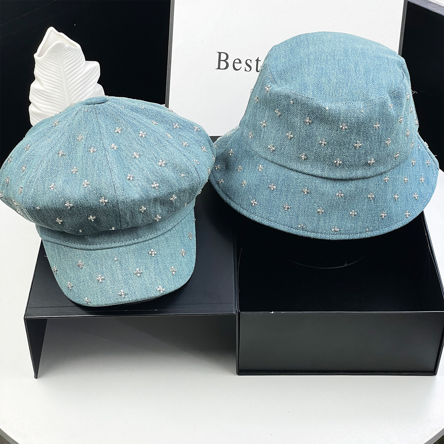 新款韩系复古牛仔渔夫帽女春夏水钻装饰防紫外线遮阳高品质防晒帽