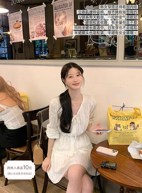 JeJuna炸鸡欧尼 韩女cafe 纯棉韩系肌理感刺绣系带衬衫半裙套装女