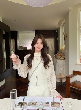 JeJuna炸鸡欧尼 艺高甜妹 天丝西装白色马甲半裙套装波点微透衬衫